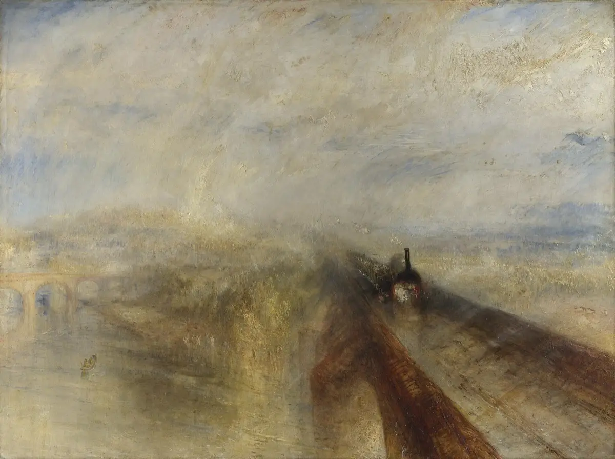 J. M. W. Turner's painting Rain, Steam and Speed: a steam train crossing a bridge in a storm